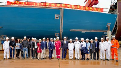 Representatives at the keel lay ceremony on SunStone number 7, an ULSTEIN CX103 expedition cruise ship design