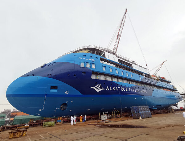 At the launching ceremony of the ULSTEIN CX103, expedition cruise vessel, Ocean Albatros.
