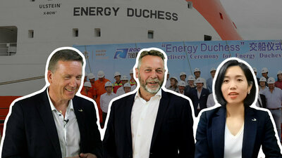 Lars Ståle Skoge (Ulstein Design & Solutions), Per Ivar Fagervoll (Golden Energy Offshore) and Lucy Lu (Ulstein Marine Services).