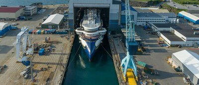 After months out of sight in the dock hall at Ulstein Verft, Norway, the 126-passenger expedition cruise vessel ‘National Geographic Resolution’ for Lindblad Expeditions was docked out on 8th June 2021. Photo: Ulstein Group/Per Eide Studio