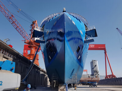Fore view of the X-BOW hull line design on the Ocean Victory.