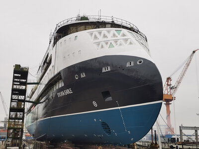 Launching of the Sylvia Earle expedition cruise vessel of the ULSTEIN CX103 design.
