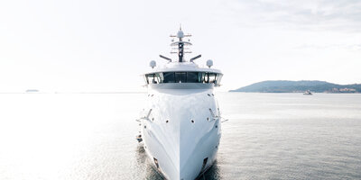 Closeup of the 'Olivia O' X-BOW yacht.