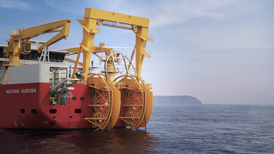 3D illustration of the A-frame installed on the CLV vessel 'Nexans Aurora', illustration courtesy by Nexans.