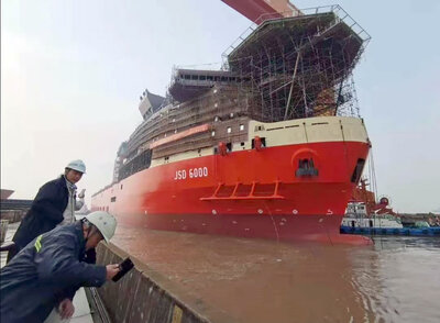 Launching the JSD6000 pipelay derrick and heavy lifting vessel.