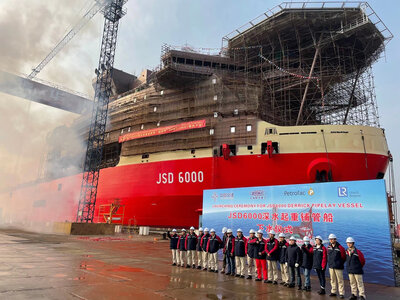 Launch ceremony for the JSD6000 deepwater heavy lift pipelay vessel.