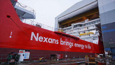 Nexans Aurora on her way out of the dock hall at Ulstein Verft. Photo: Daniel Osnes.