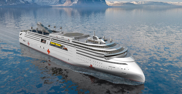 A hospital and aid ship based on a RoPax RX107 design platform