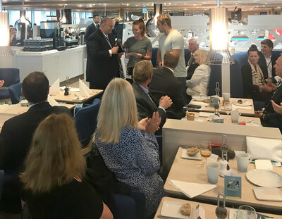 Two Ulstein representatives received a gift from Color Line CEO, Trond Kleivdal, at the naming ceremony.