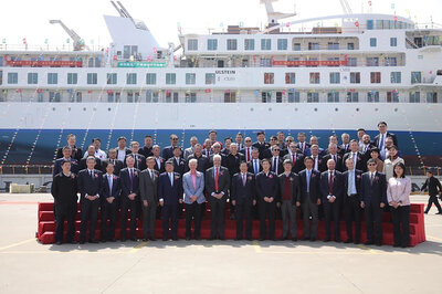 The guests attending the launch ceremony of the 'Greg Mortimer' cruise vessel.