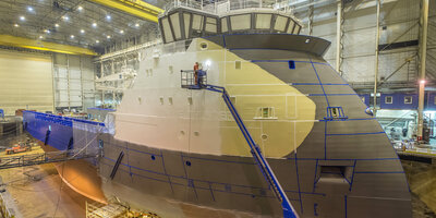 Paintwork on the PX121 designed platform supply vessel NAO Thunder. Photo: Karl Otto Kristiansen.
