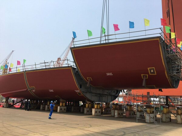 The keel being laid for one of the SunStone Ships expedition cruise vessel at CMHI in China.