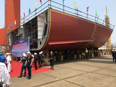 First sections being positioned at the keel laying ceremony.