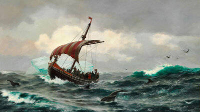 Viking Explorers off the coast of Greenland, a 19th century painting by Carl Rasmussen.