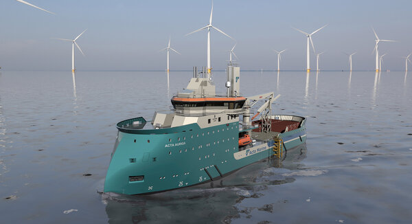 Designer's illustration of the Acta Auriga positioned at an offshore wind farm.
