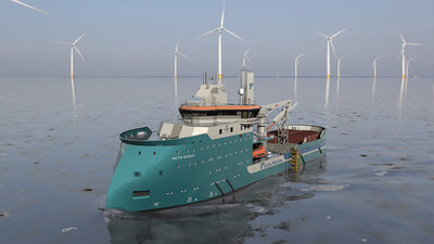 Designer's illustration of the Acta Auriga positioned at an offshore wind farm.