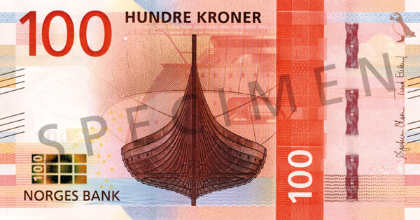 The Metric System's winner concept of the next 100 krone note, showing the Gokstad viking ship and the X-BOW hull line design from Ulstein.