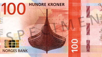 The Metric System's winner concept of the next 100 krone note, showing the Gokstad viking ship and the X-BOW hull line design from Ulstein.