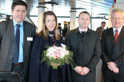 The lady sponsor for Blue Queen, Dagny Wærdahl, and representatives from Ulstein Verft on the day of the ship naming ceremony.