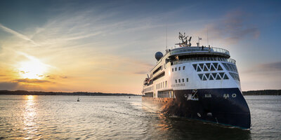 An ULSTEIN CX103 design, the expedition cruise vessel Ocean Explorer, arriving Poole, UK. Courtesy of SunStone Ships/Vantage Travel.