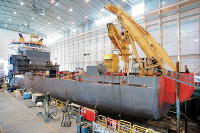 ‘Normand Clipper' being reconstructed, photo from the dock hall at 7 April 2005. Photo: Tony Hall