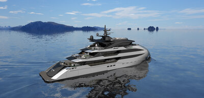 A CX128 yacht seen from the Star Board aft side.