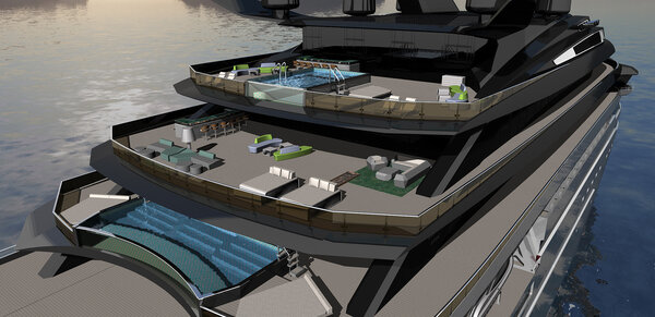 Upper pool deck areas of an ULSTEIN CX127 Yacht.