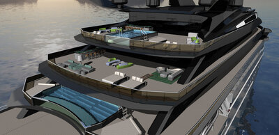 Upper pool deck areas of an ULSTEIN CX127 Yacht.