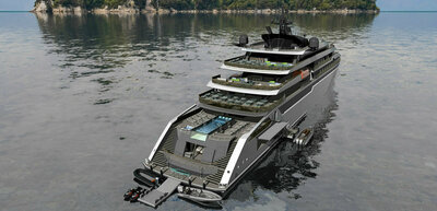 An ULSTEIN C129 cruise vessel with tenders.