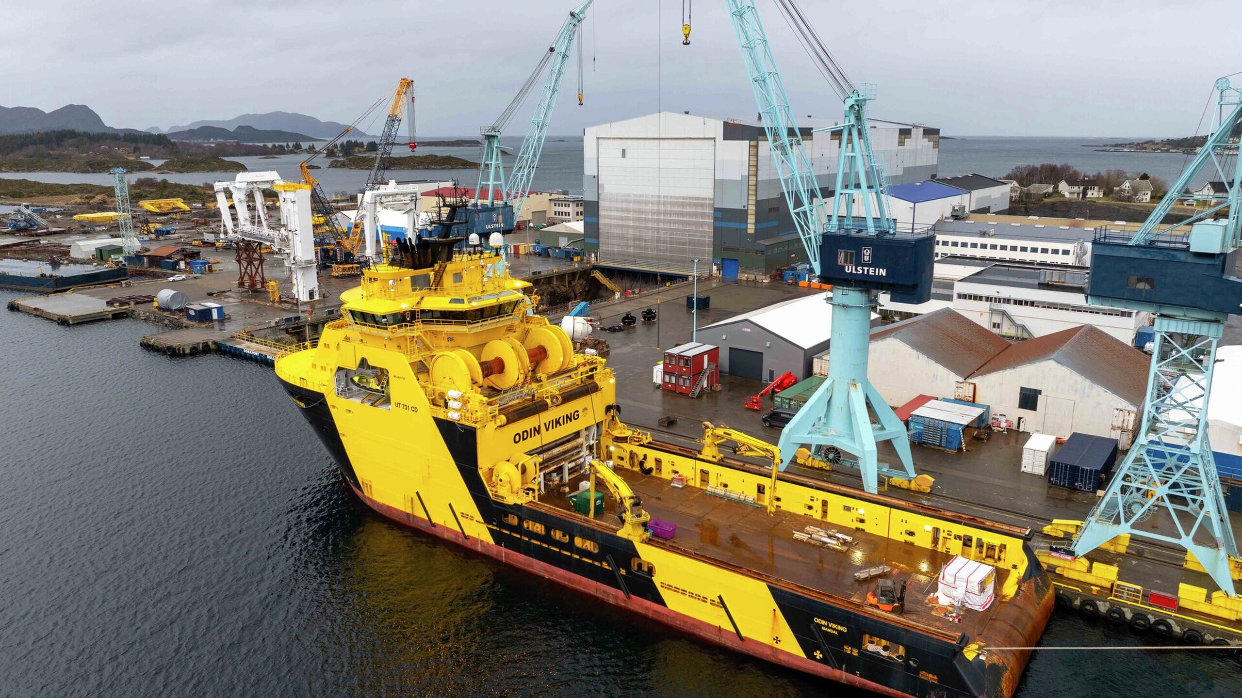 Anchor Handling Tug Supply (AHTS) Odin Viking, at Ulstein Verft for installation of launch & recovery system  from Evotec, along with maintenance and upgrades.