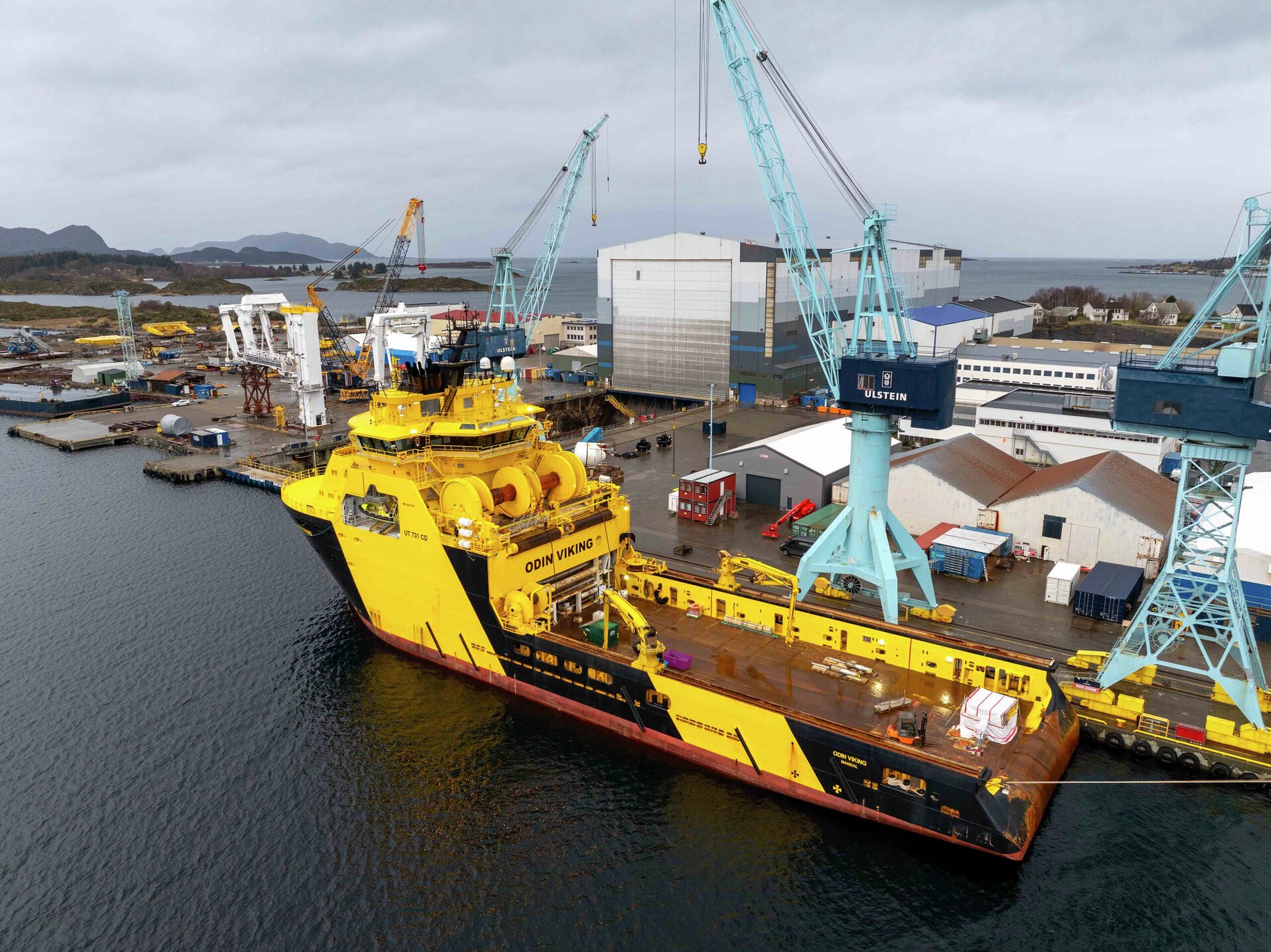 Anchor Handling Tug Supply (AHTS) Odin Viking, at Ulstein Verft for installation of launch & recovery system  from Evotec, along with maintenance and upgrades.